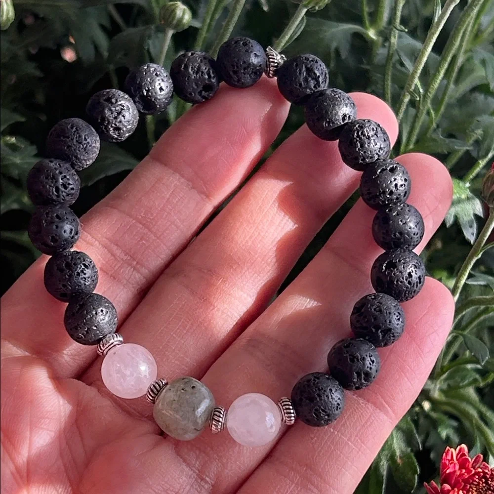 Handmade Labradorite + Rose Quartz Lava Bead Bracelet *